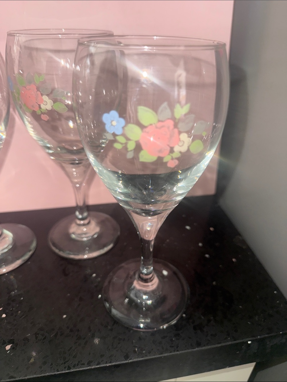 Floral Pink and Blue Wine Glasses - Set of 4